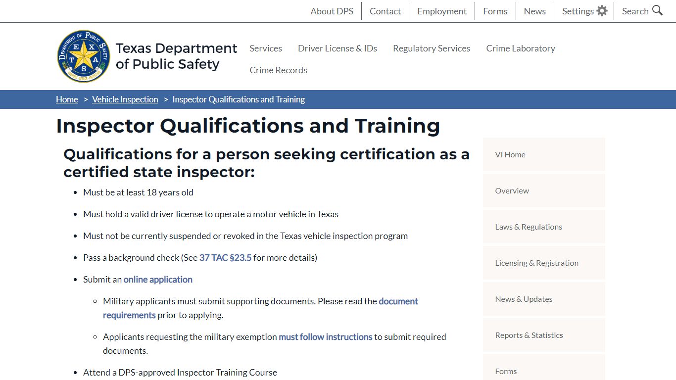 Inspector Qualifications and Training - Texas Department of Public Safety